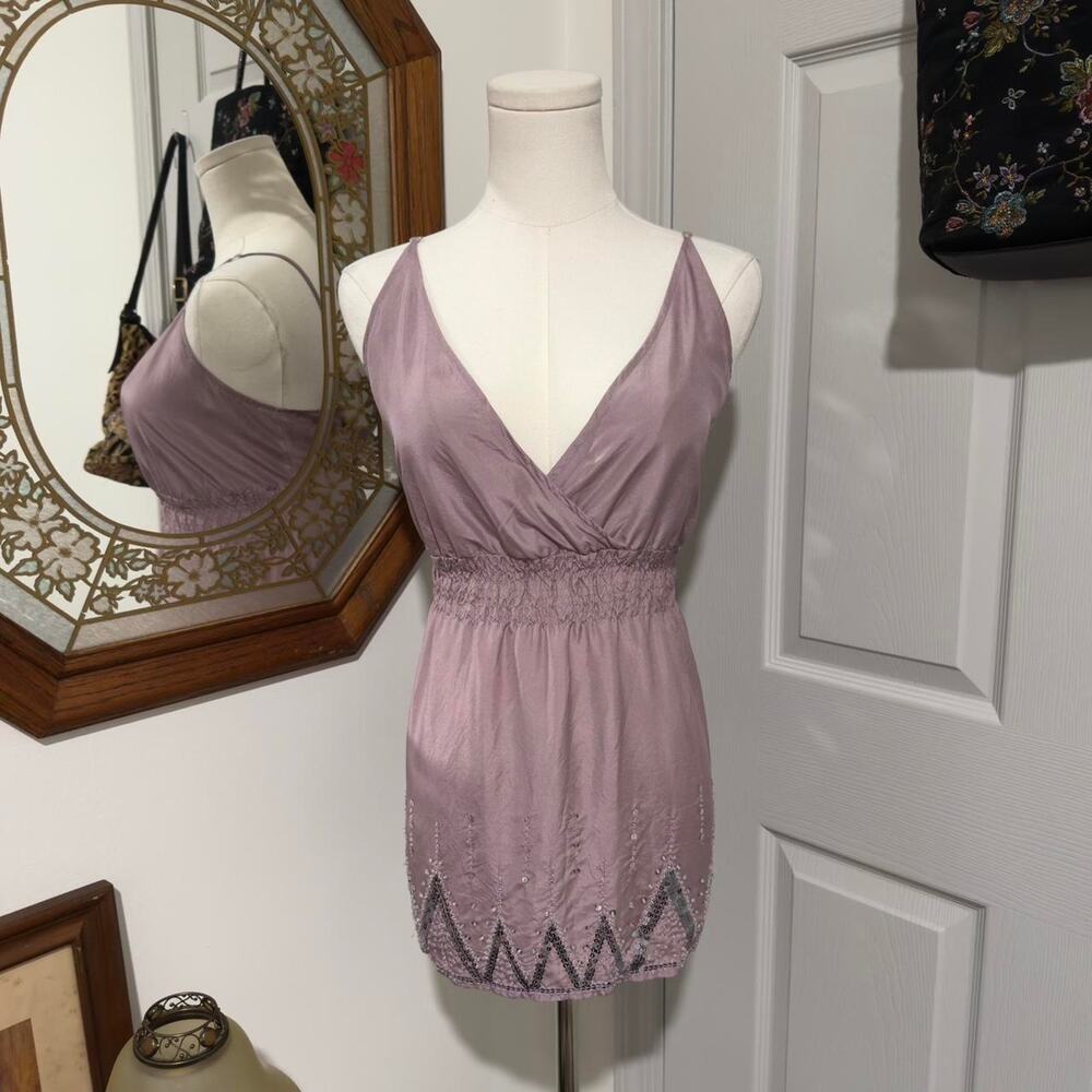 VTG Y2K Old Navy Mauve & Silver Beaded Sequin 100% Silk Smocked Cami Top L